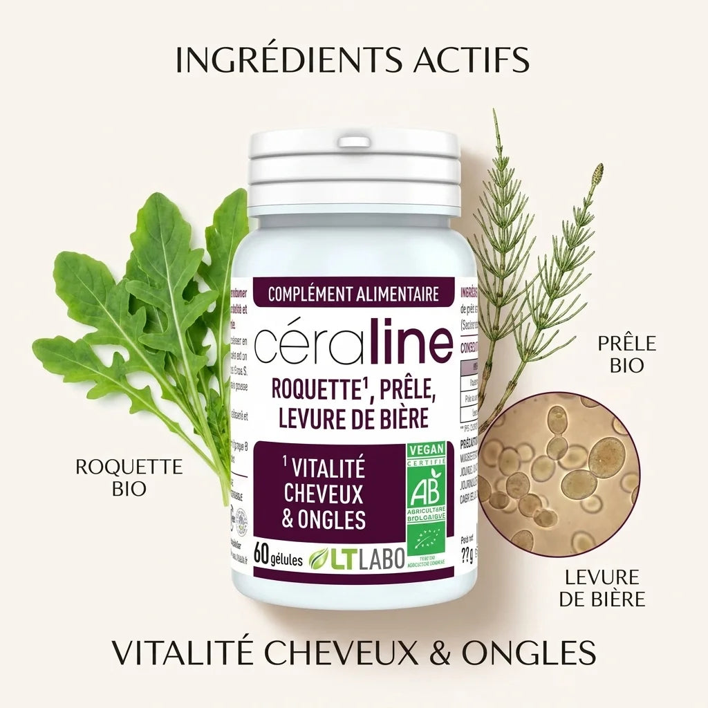 Ceraline bio vegan en gélules avec roquette, prêle et levure de bière pour vitalité cheveux et ongles