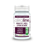 Bouteille de gélules Ceraline bio et vegan avec étiquette burgundy sur fond blanc