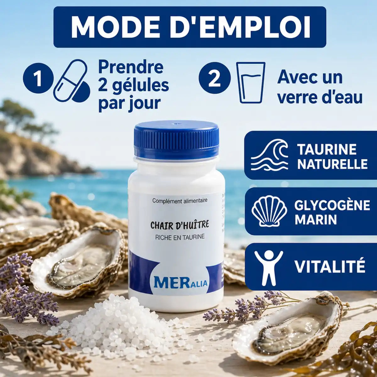Bouteille MERalia chair d'huîtres en gélules avec mode d'emploi, huîtres fraîches et bénéfices taurine naturelle