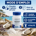 Bouteille MERalia chair d'huîtres en gélules avec mode d'emploi, huîtres fraîches et bénéfices taurine naturelle