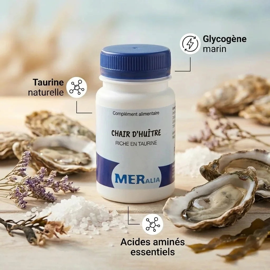 Bouteille MERalia de chair d'huîtres en gélules avec coquilles, algues et infographie des ingrédients marins