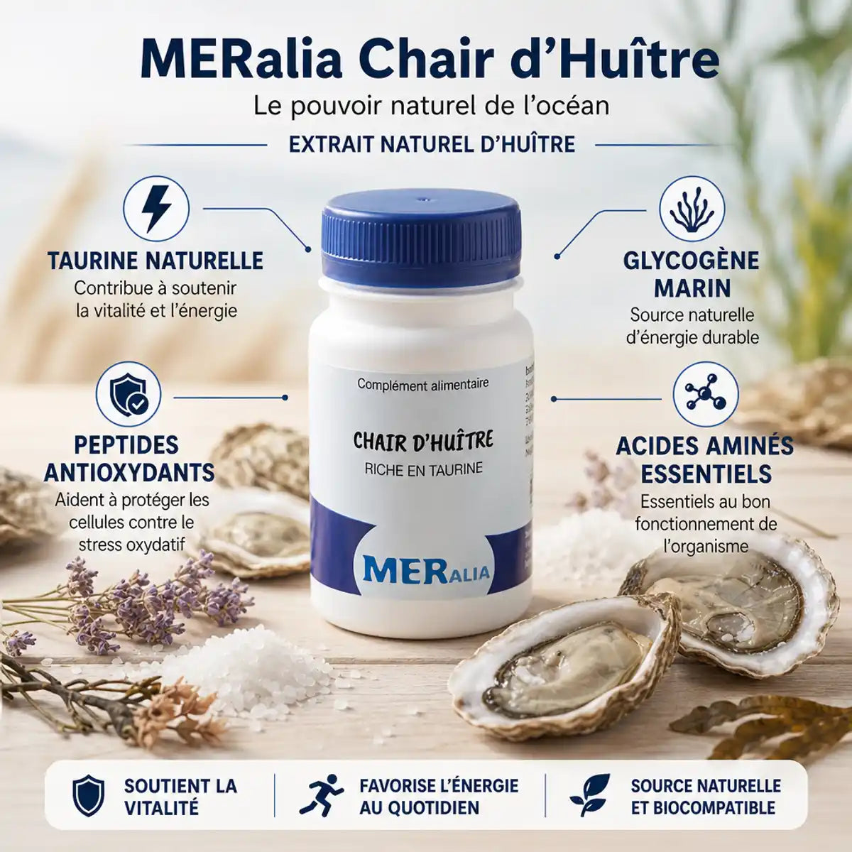 Gélules MERalia chair d'huîtres avec taurine, glycogène marin et peptides antioxydants