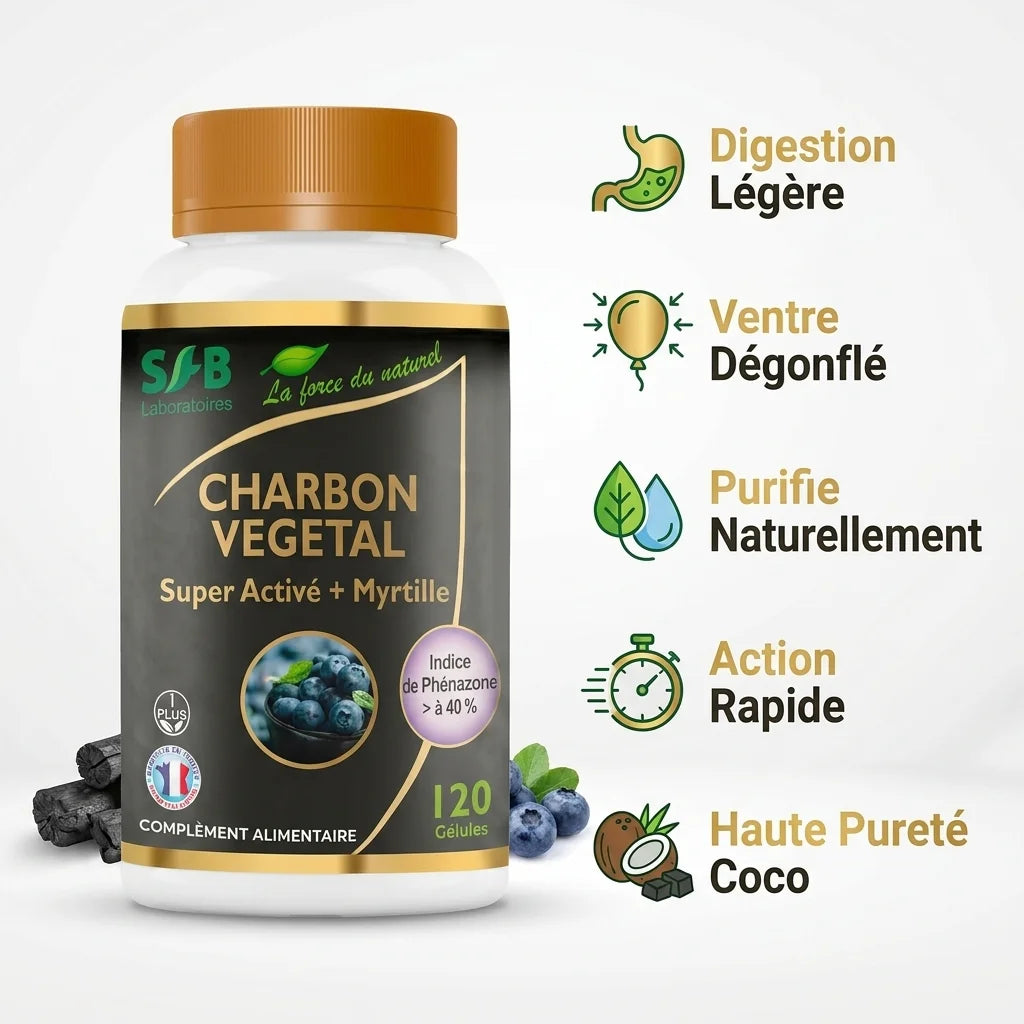 Charbon végétal super activé myrtille SF Laboratoires avec bénéfices digestion et ventre dégonflé