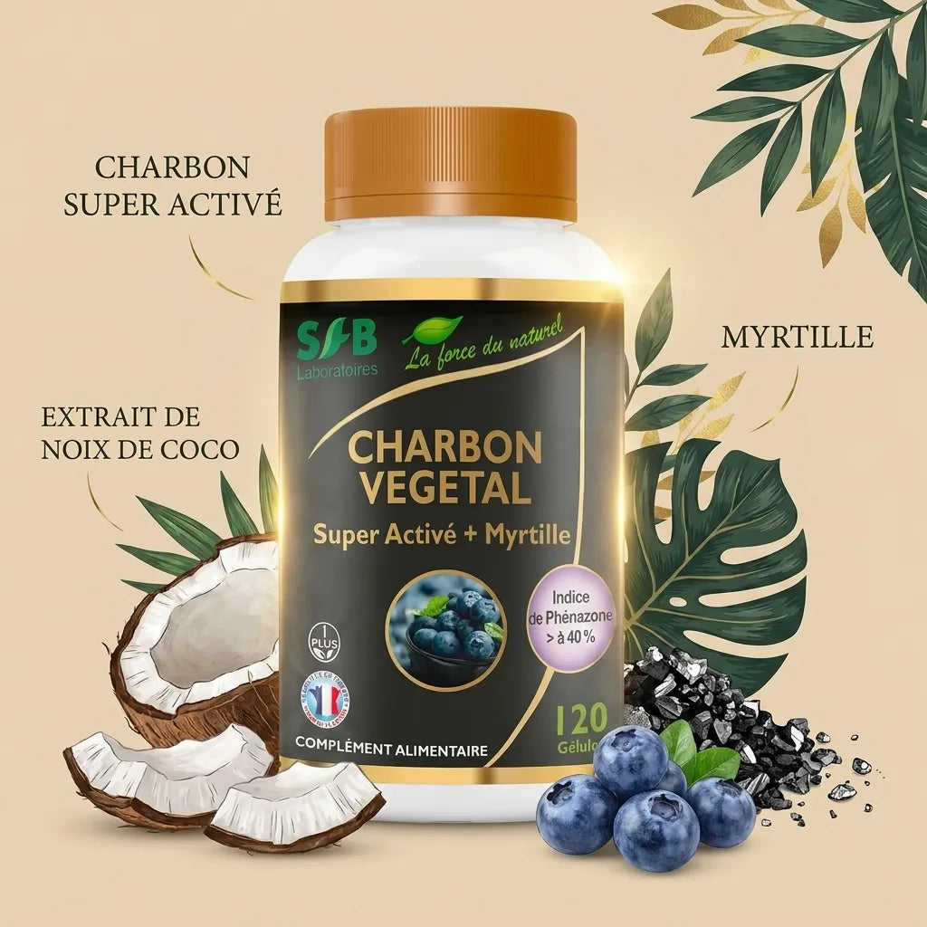 Charbon Super Activé Myrtille SF Laboratoires gélules avec ingrédients naturels noix coco