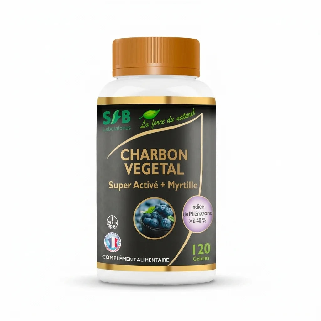 Charbon Super Activé + Myrtille SF Laboratoires en gélules, flacon avec bouchon orange