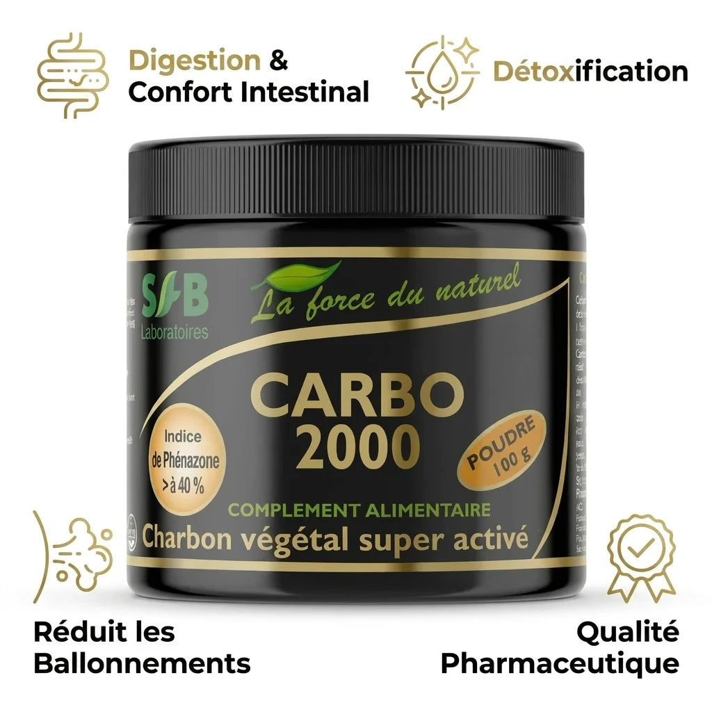CARBO2000 charbon activé poudre 100g avec bénéfices : digestion, détoxification, ballonnements