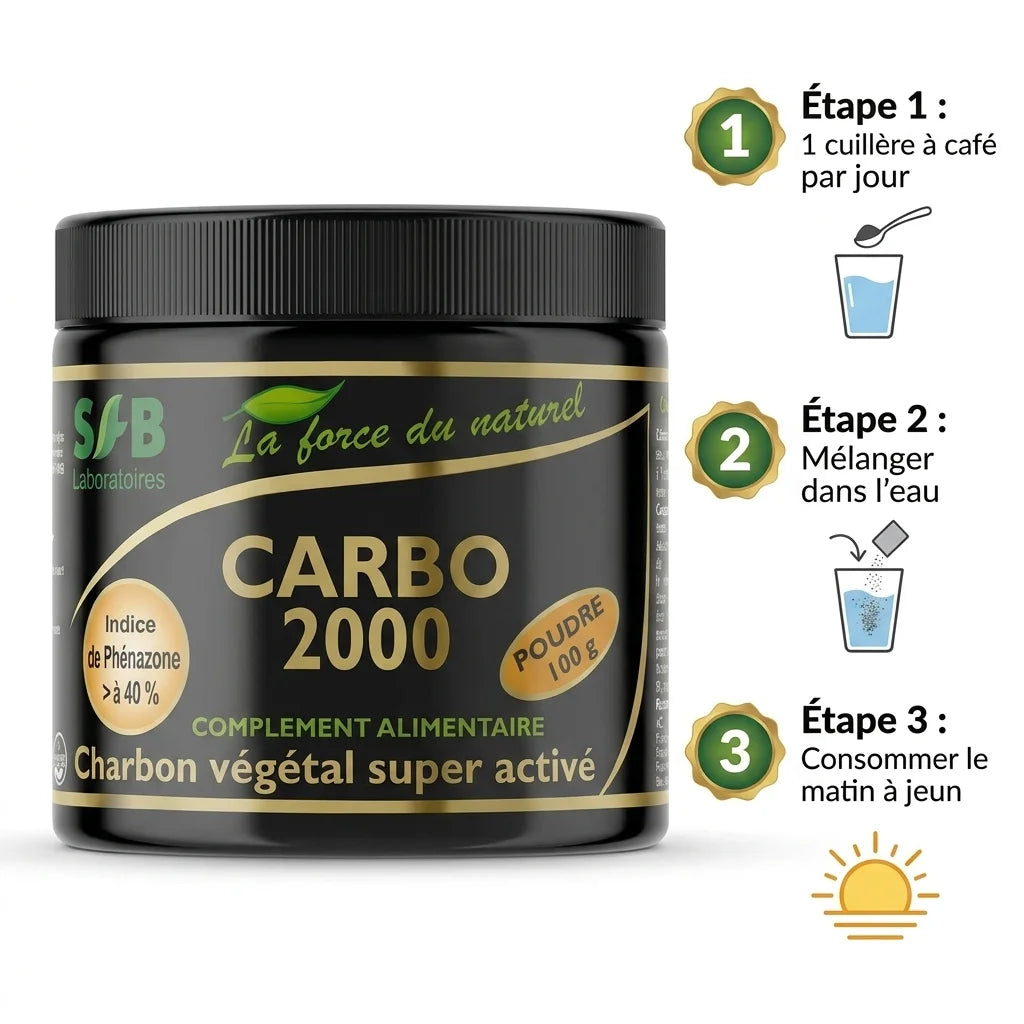 Charbon activé CARBO2000 100g avec instructions dosage : 1 cuillère à café par jour à mélanger dans l'eau le matin à jeun