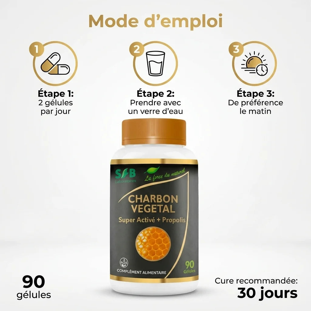 Charbon super activé propolis gélules SFB Laboratoires - mode d'emploi 2 gélules par jour cure 30 jours
