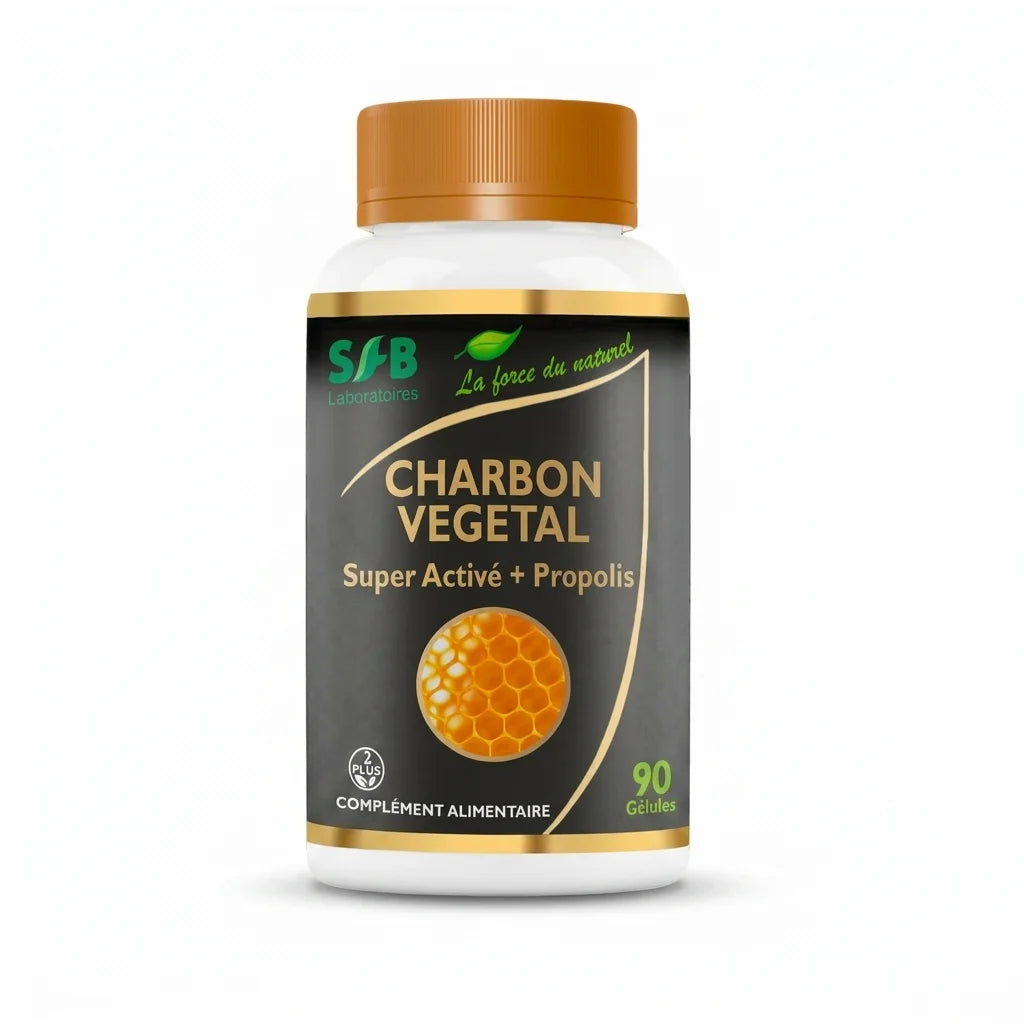 Charbon super activé propolis verte SFB Laboratoires en gélules, flacon avec bouchon orange sur fond blanc