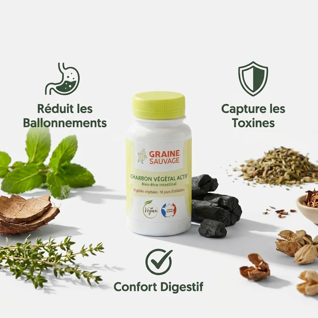 Charbon végétal actif vegan en gélules avec bénéfices digestifs et détoxifiants illustrés