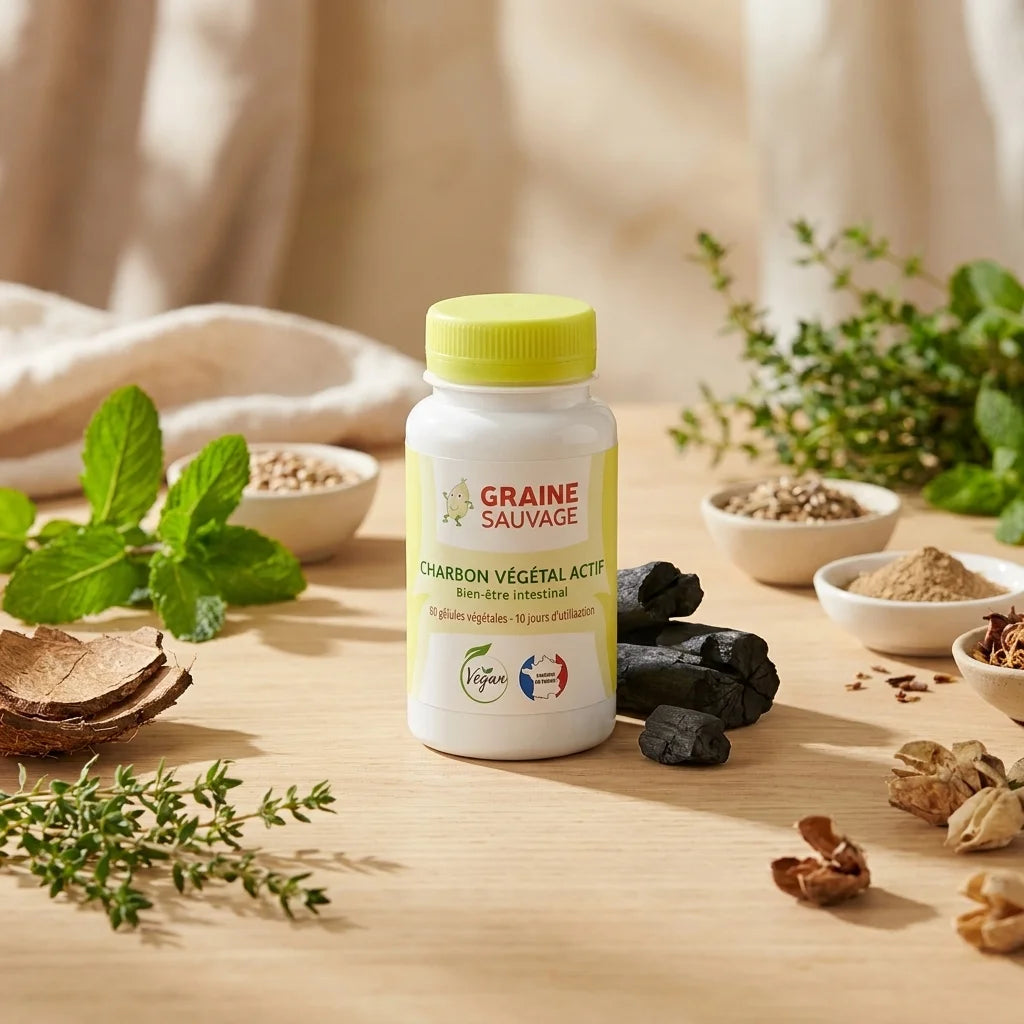 Charbon végétal actif vegan en gélules Graine Sauvage avec herbes et noix de coco