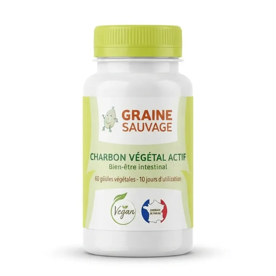 Bouteille Charbon Végétal Actif vegan Graine Sauvage avec bouchon vert sur fond blanc