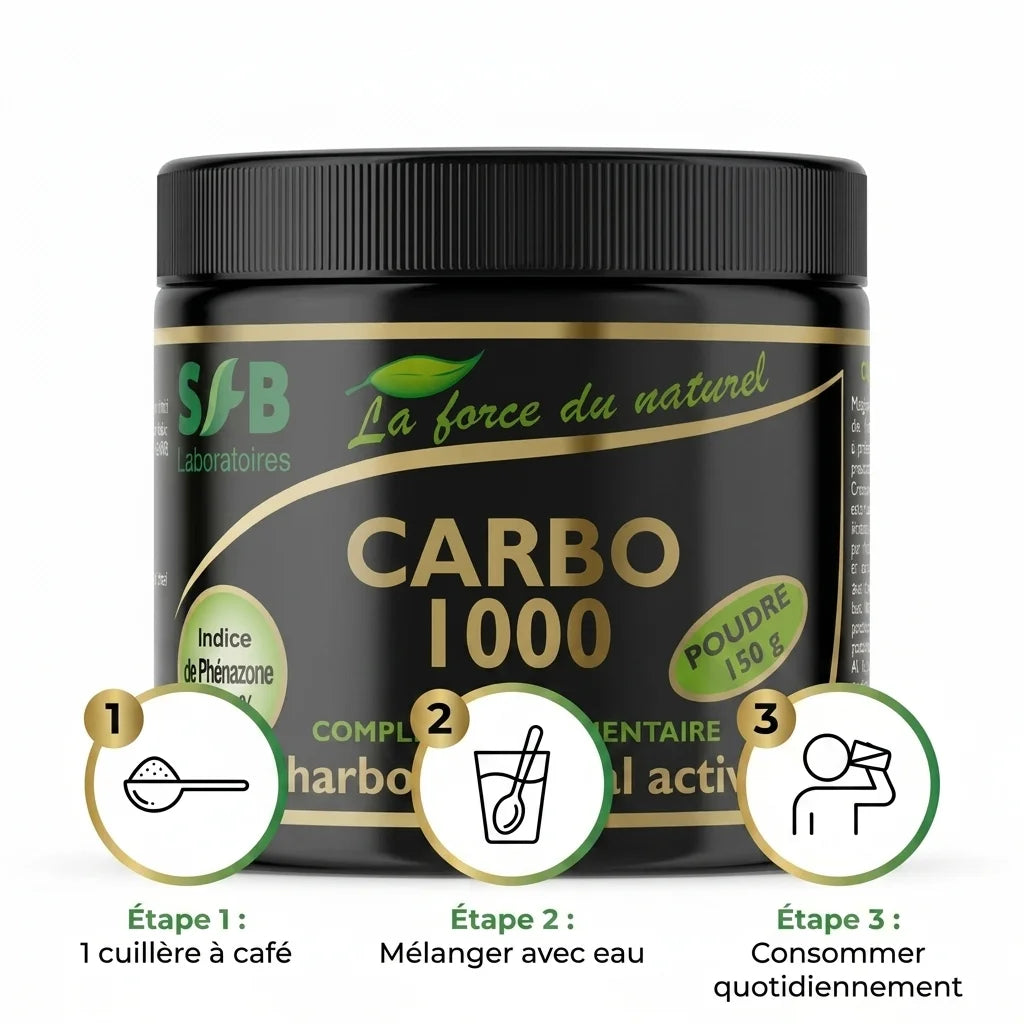 Charbon végétal activé CARBO1000 SFB Laboratoires avec guide d'utilisation en 3 étapes