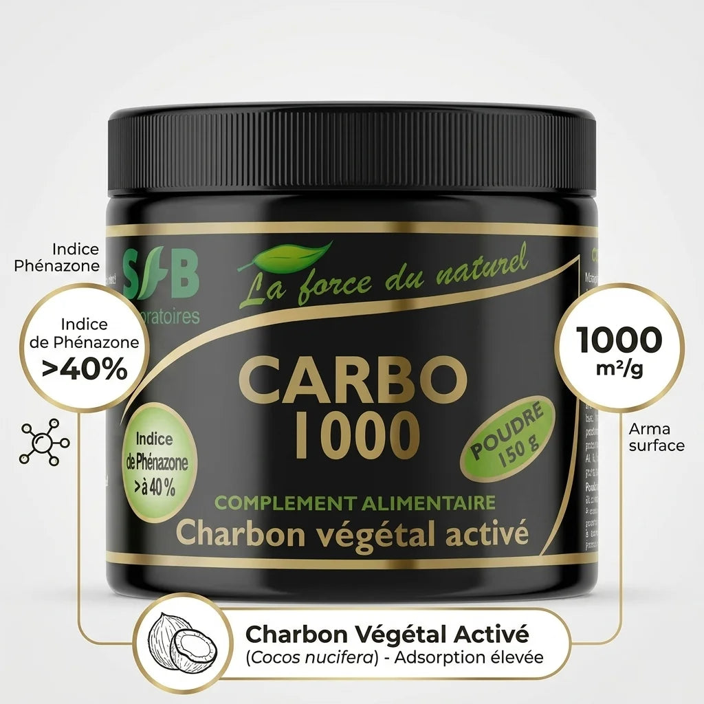 Carbo 1000 charbon végétal activé SFB Laboratoires avec caractéristiques indice phénazone et capacité adsorption