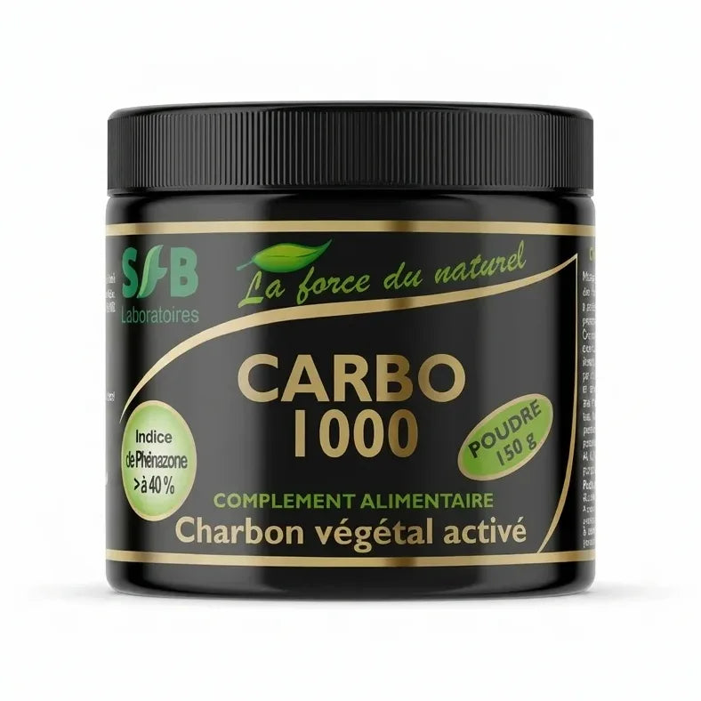 Charbon végétal activé CARBO1000 SFB Laboratoires en poudre, pot noir avec bande dorée