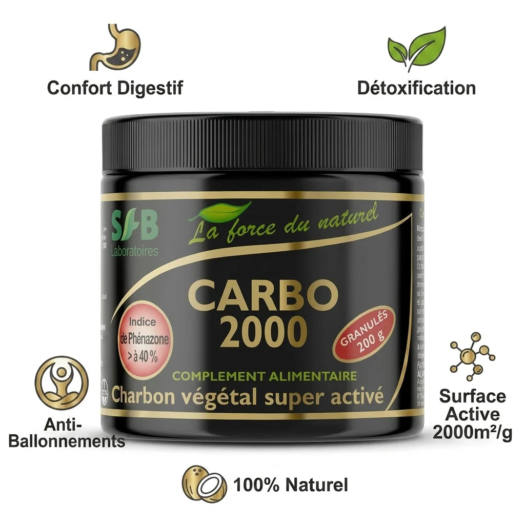 Charbon végétal activé SFB Laboratoires granulés 200g avec bénéfices digestifs et détoxifiants