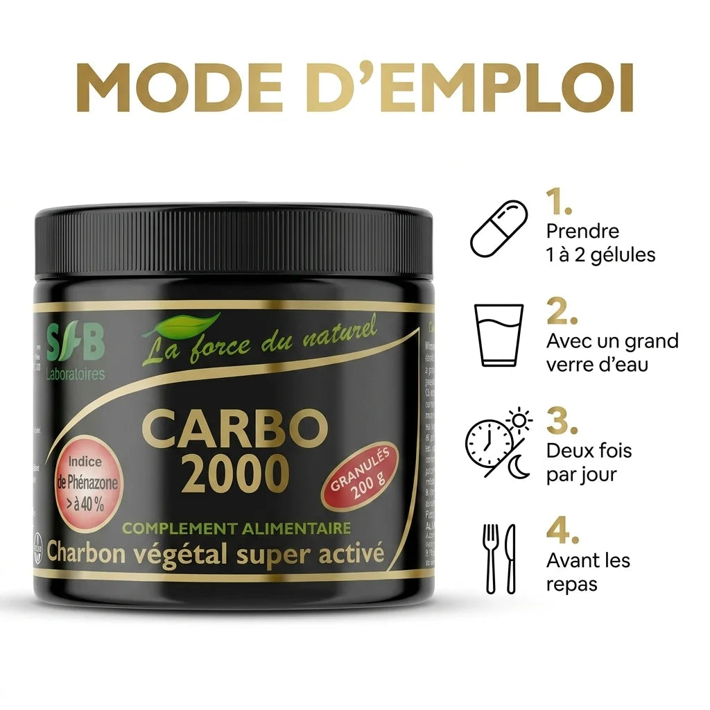 Charbon végétal activé Carbo 2000 SFB Laboratoires avec guide posologie et mode d'emploi