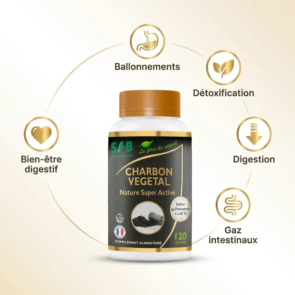 Charbon végétal activé SFB Laboratoires avec icônes bénéfices digestion et détoxification