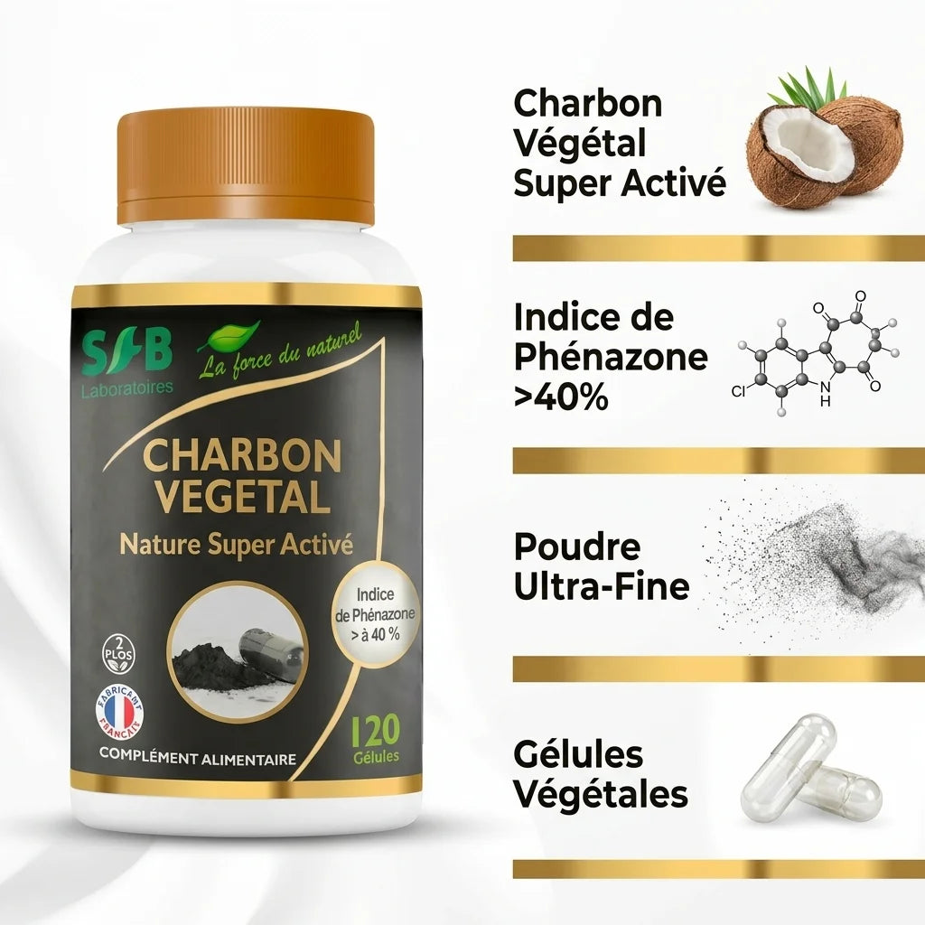 Charbon végétal super activé Nature SFB Laboratoires en gélules avec infographie des ingrédients