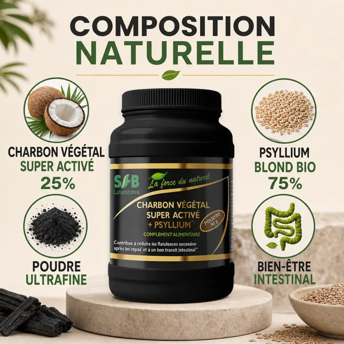 Charbon végétal activé et psyllium bio poudre 80g SFB - composition naturelle en pot noir