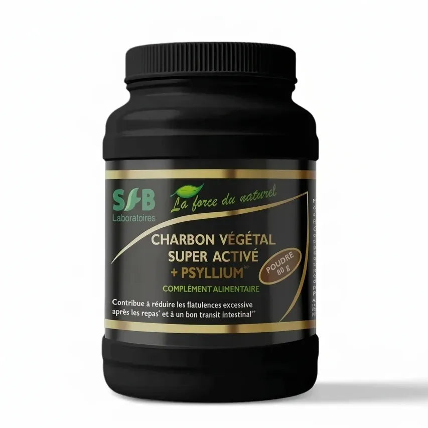 Charbon végétal activé + psyllium bio poudre 80g SFB Laboratoires pot noir
