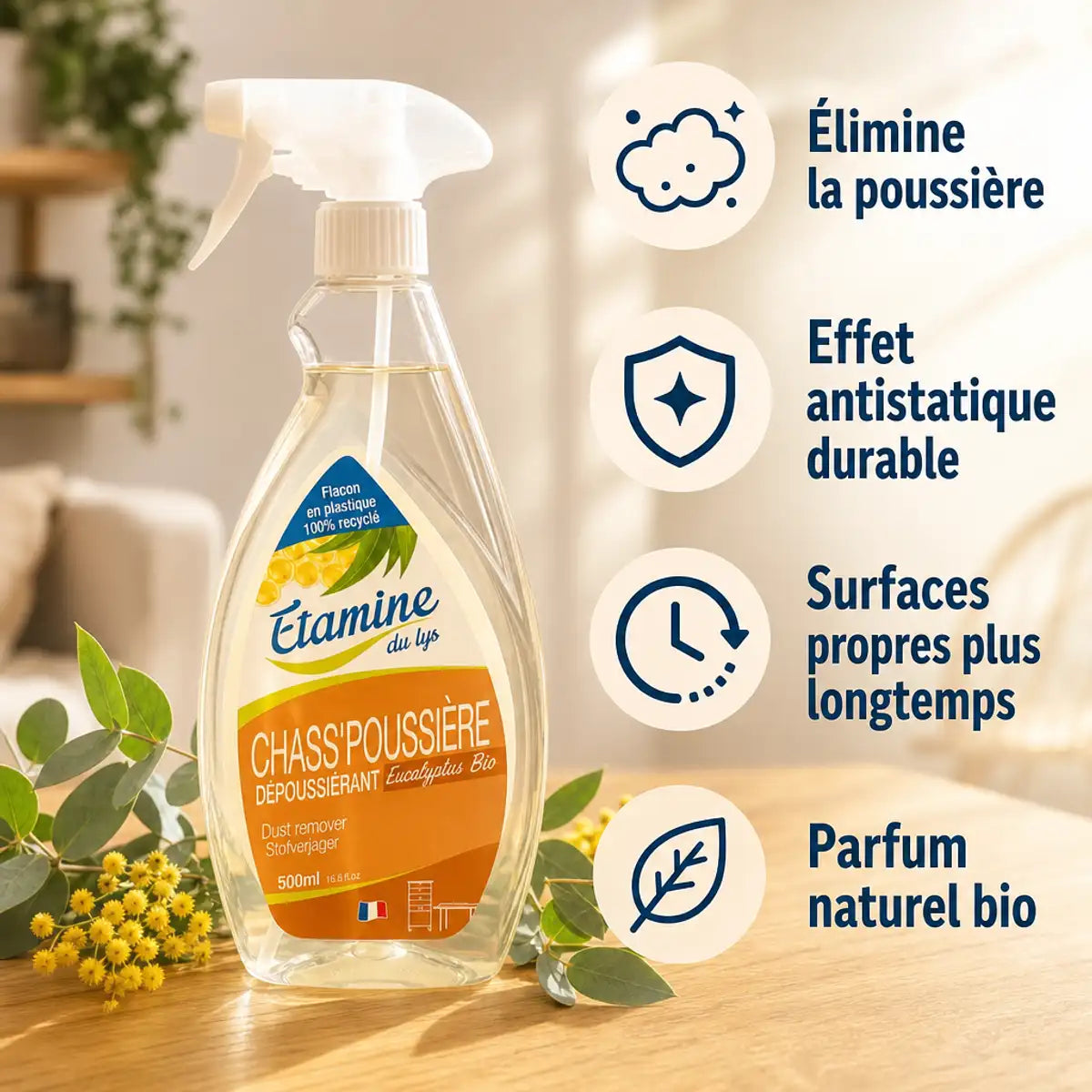 Spray Chass'Poussière Etamine du Lys avec bénéfices antistatique et parfum naturel bio