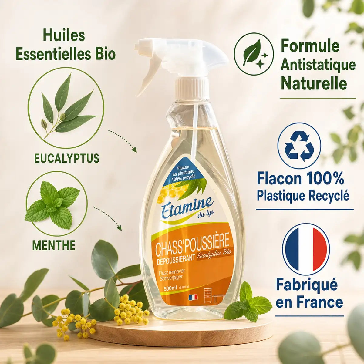 Spray Chass'Poussière Etamine du Lys avec huiles essentielles bio et flacon recyclé