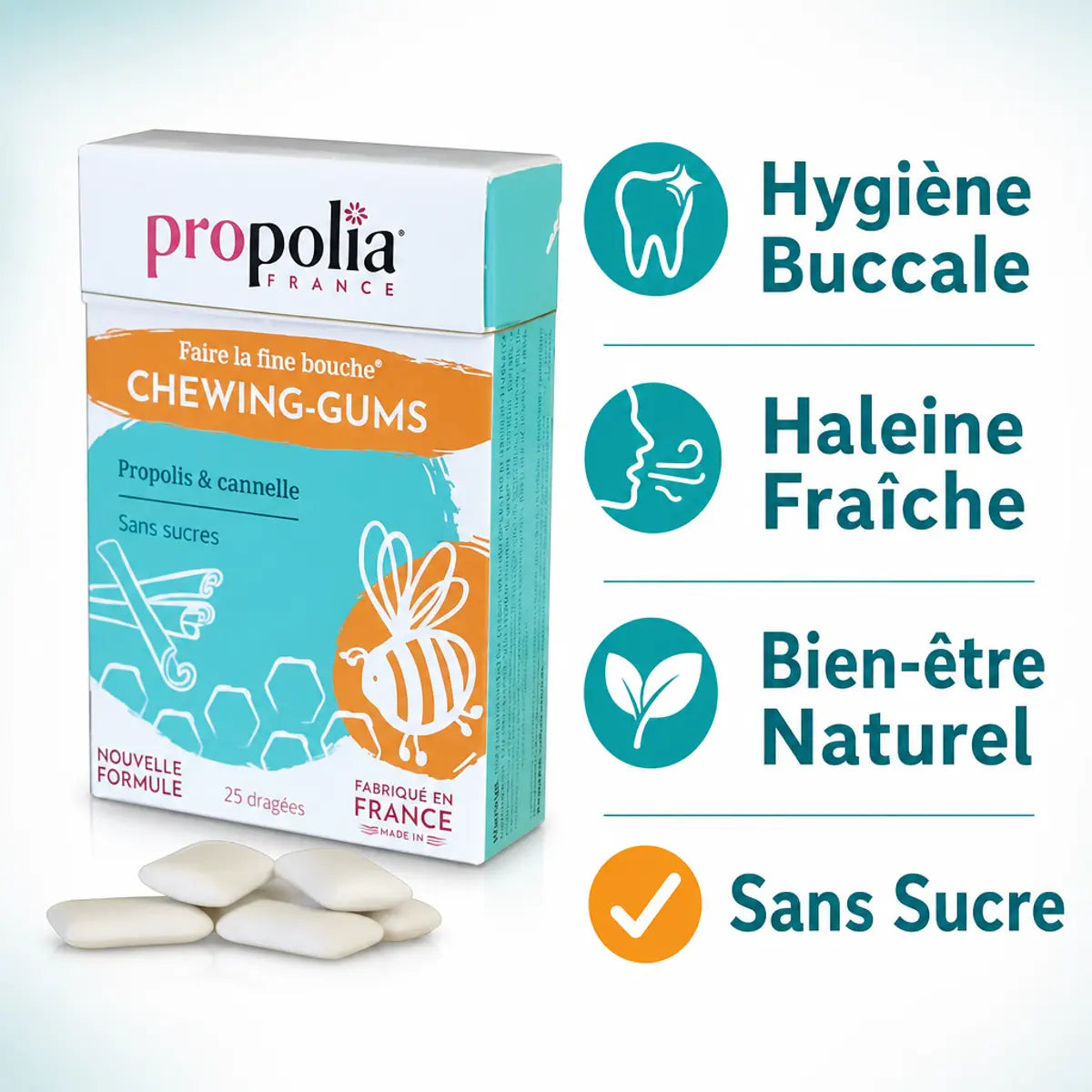 Chewing-gums Propolia Propolis Cannelle sans sucre avec bénéfices hygiène buccale et haleine fraîche