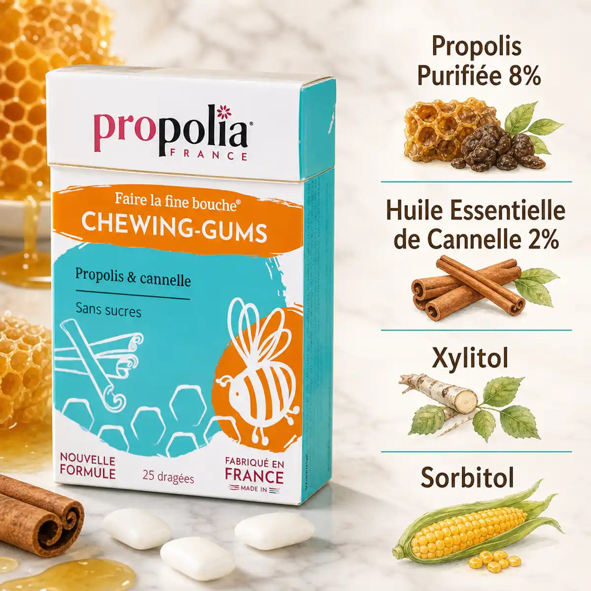 Chewing-gums sans sucre Propolia propolis cannelle avec ingrédients naturels et xylitol