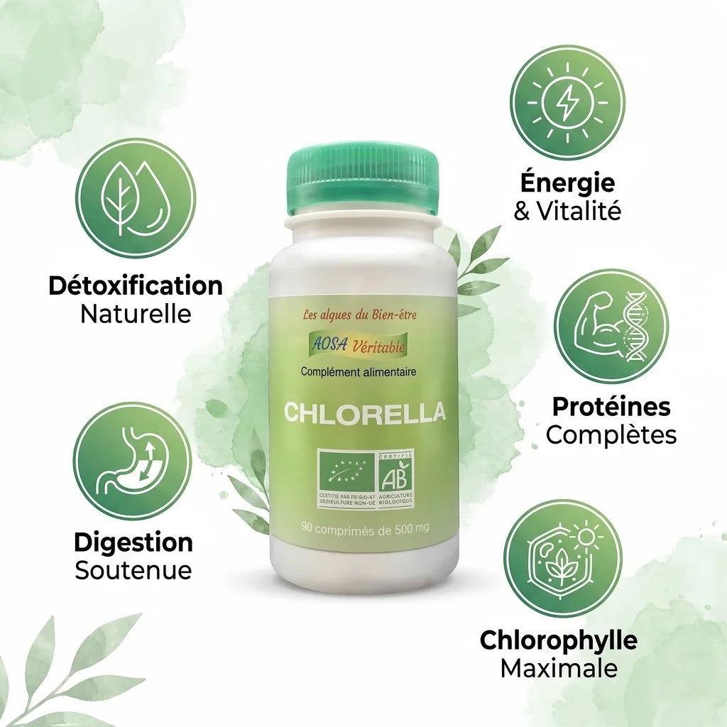 Chlorella bio Aosa en comprimés avec ses 5 bénéfices : détoxification, énergie, protéines, chlorophylle et digestion