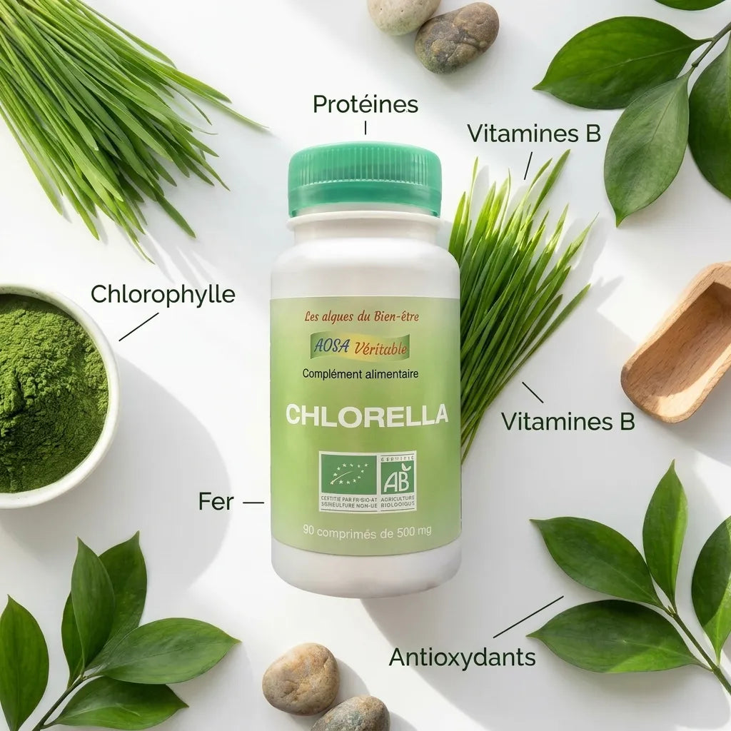 Chlorella bio en comprimés Aosa avec ingrédients naturels et nutriments essentiels