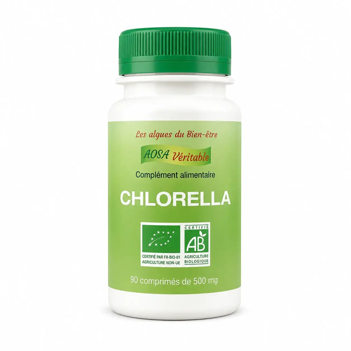 Bouteille de chlorella bio vegan en comprimés avec certification AOSA, sur fond blanc