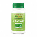 Bouteille de chlorella bio vegan en comprimés avec certification AOSA, sur fond blanc