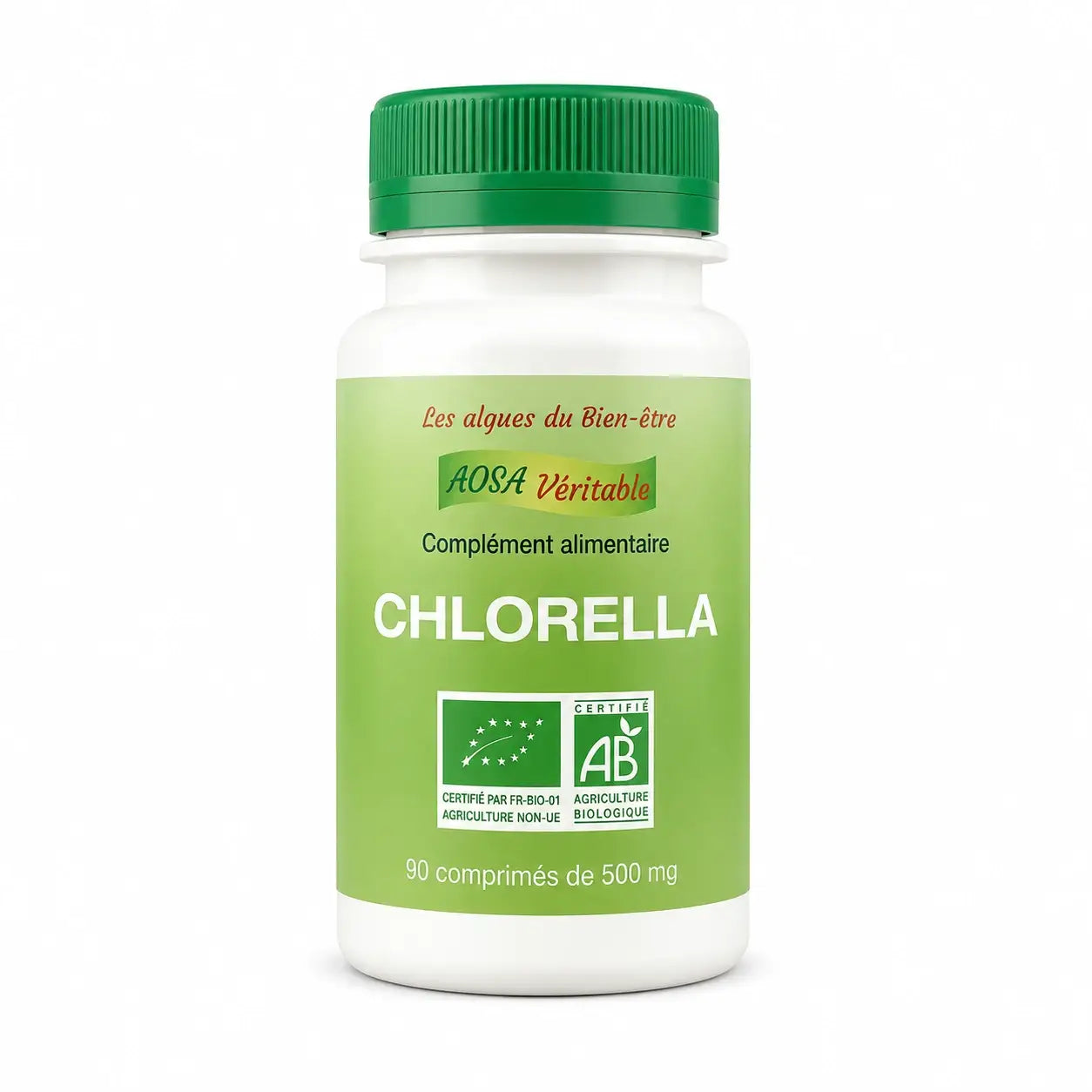 Bouteille de chlorella bio vegan en comprimés avec certification AOSA, sur fond blanc