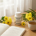 Chrysantellum Americanum gélules Vital Osmose sur bureau wellness avec fleurs tropicales
