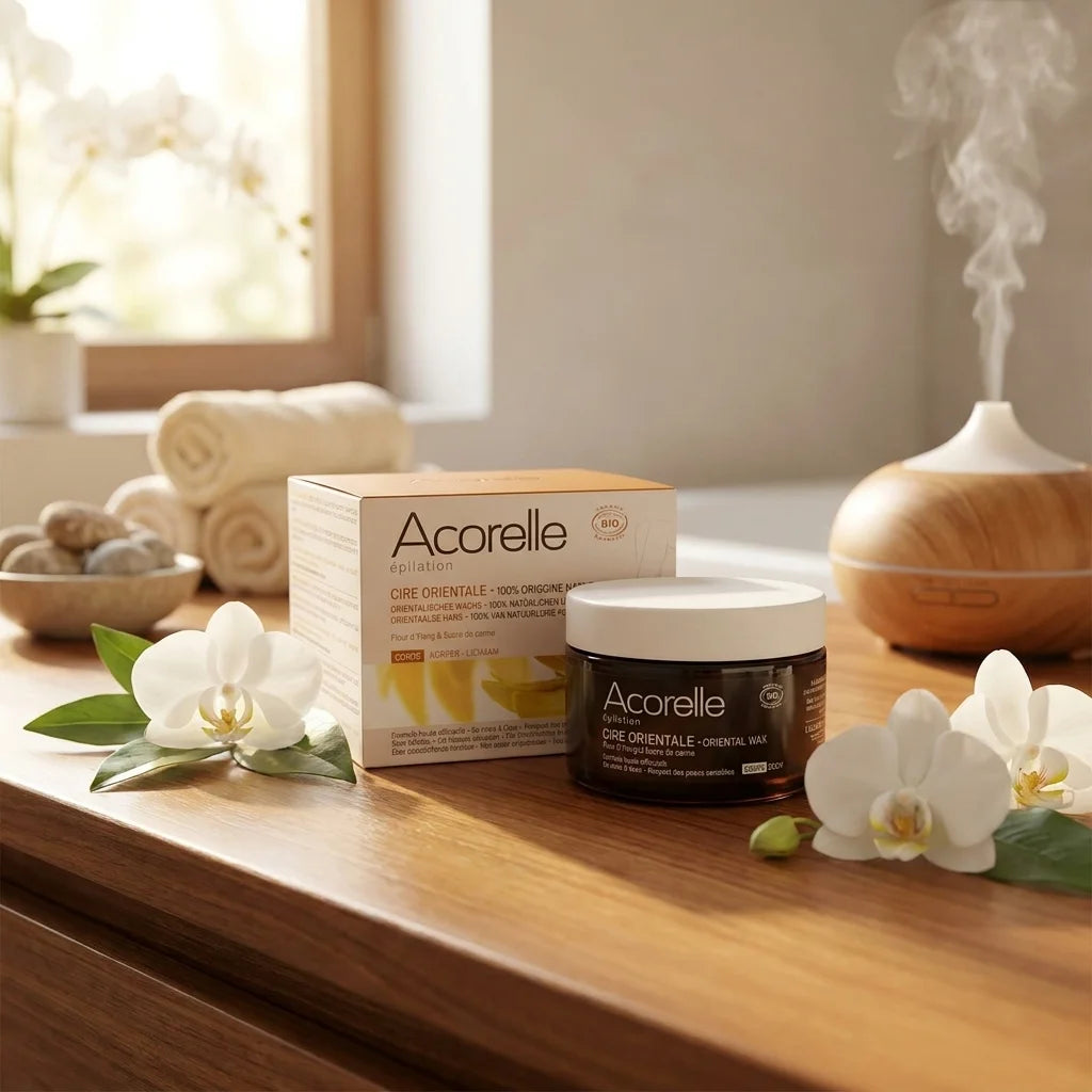 Cire orientale vegan Acorelle en pot verre dans salle de bain spa avec fleurs