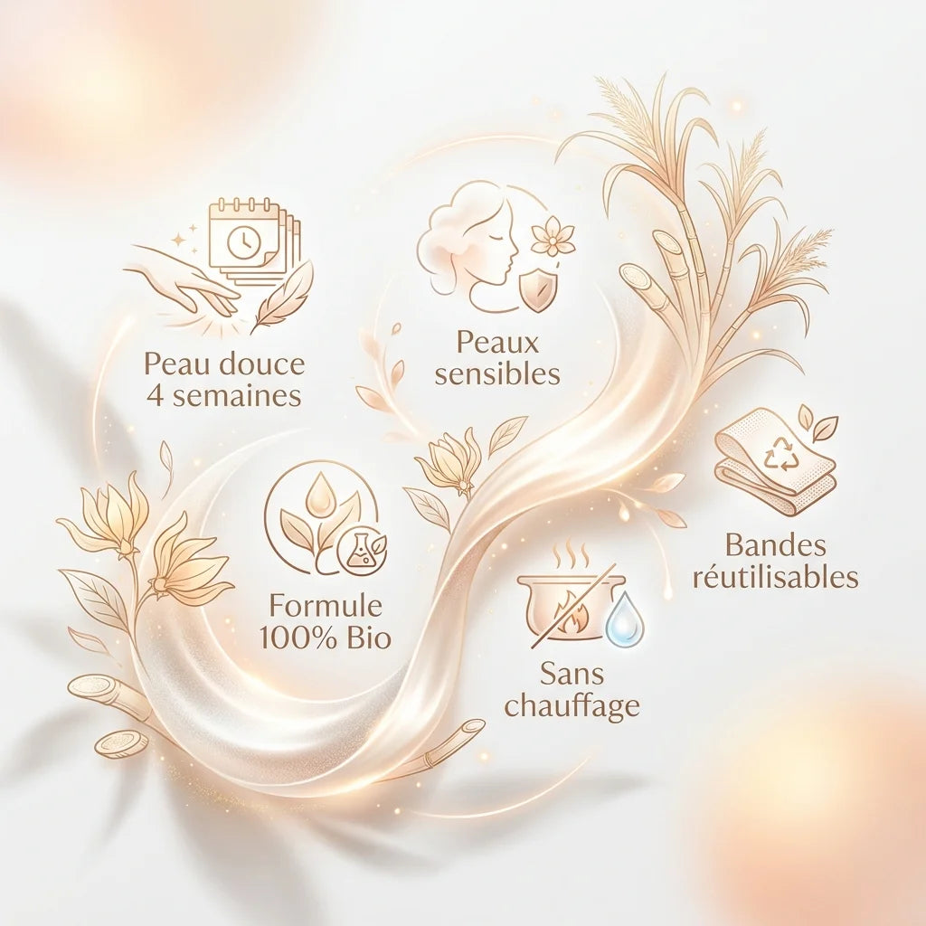 Infographie cire orientale bio Acorelle : 5 bénéfices peau douce, formule bio, peaux sensibles