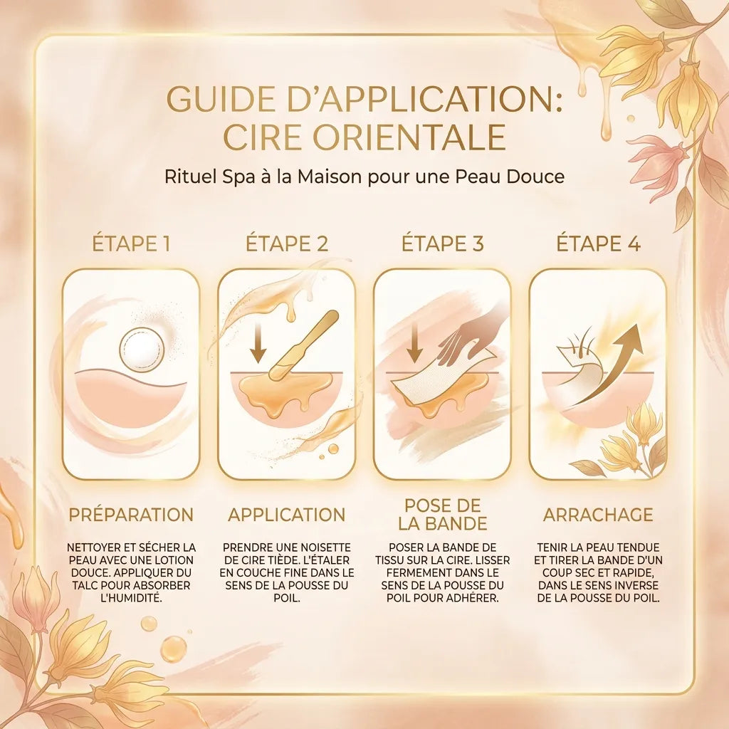 Guide d'application cire orientale bio Acorelle : 4 étapes préparation, application, pose bande, arrachage