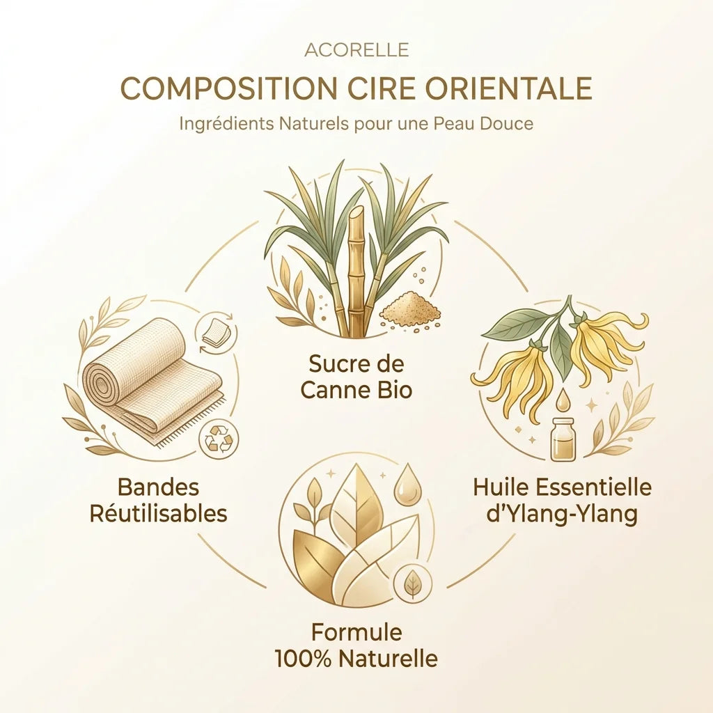 Cire orientale bio Acorelle : composition avec sucre de canne, ylang-ylang et bandes réutilisables