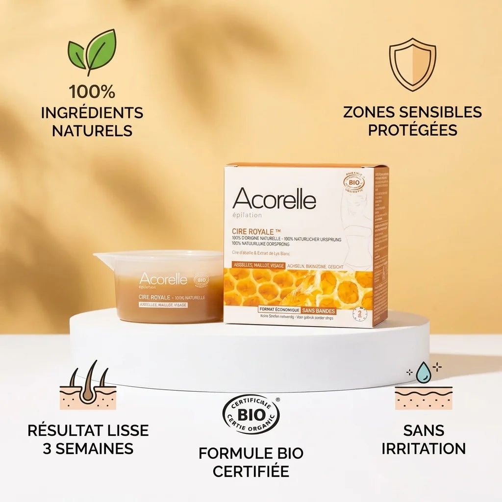 Cire royale Acorelle bio sans bande avec ses 5 bénéfices : ingrédients naturels, zones sensibles protégées, résultat lisse 3 semaines