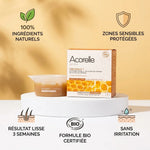 Cire royale Acorelle bio sans bande avec ses 5 bénéfices : ingrédients naturels, zones sensibles protégées, résultat lisse 3 semaines