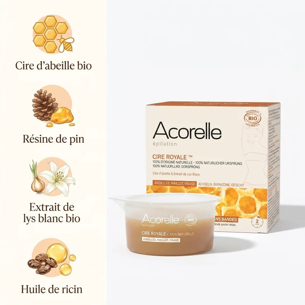 Cire royale bio Acorelle - Packaging avec ingrédients naturels et beeswax