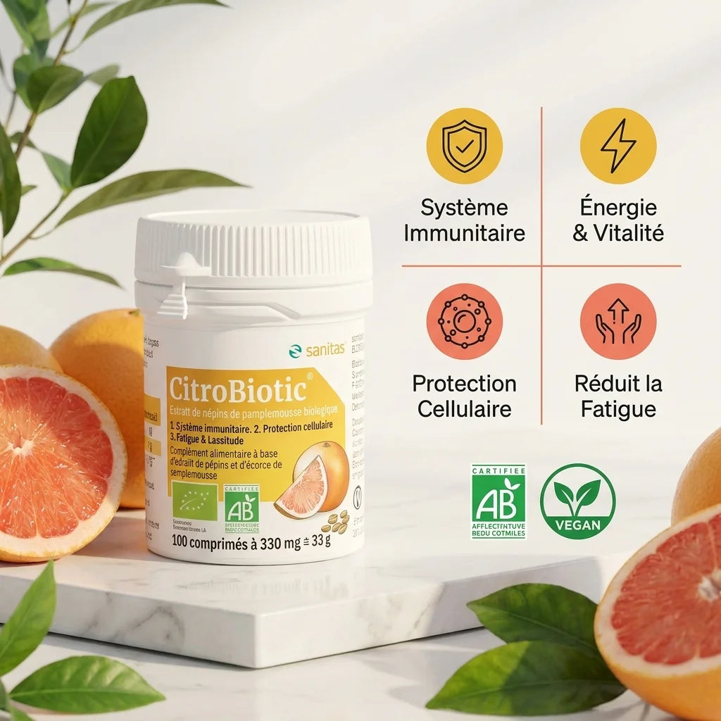 CitroBiotic bio vegan en comprimés avec bouteille, certifications et 4 bénéfices santé illustrés