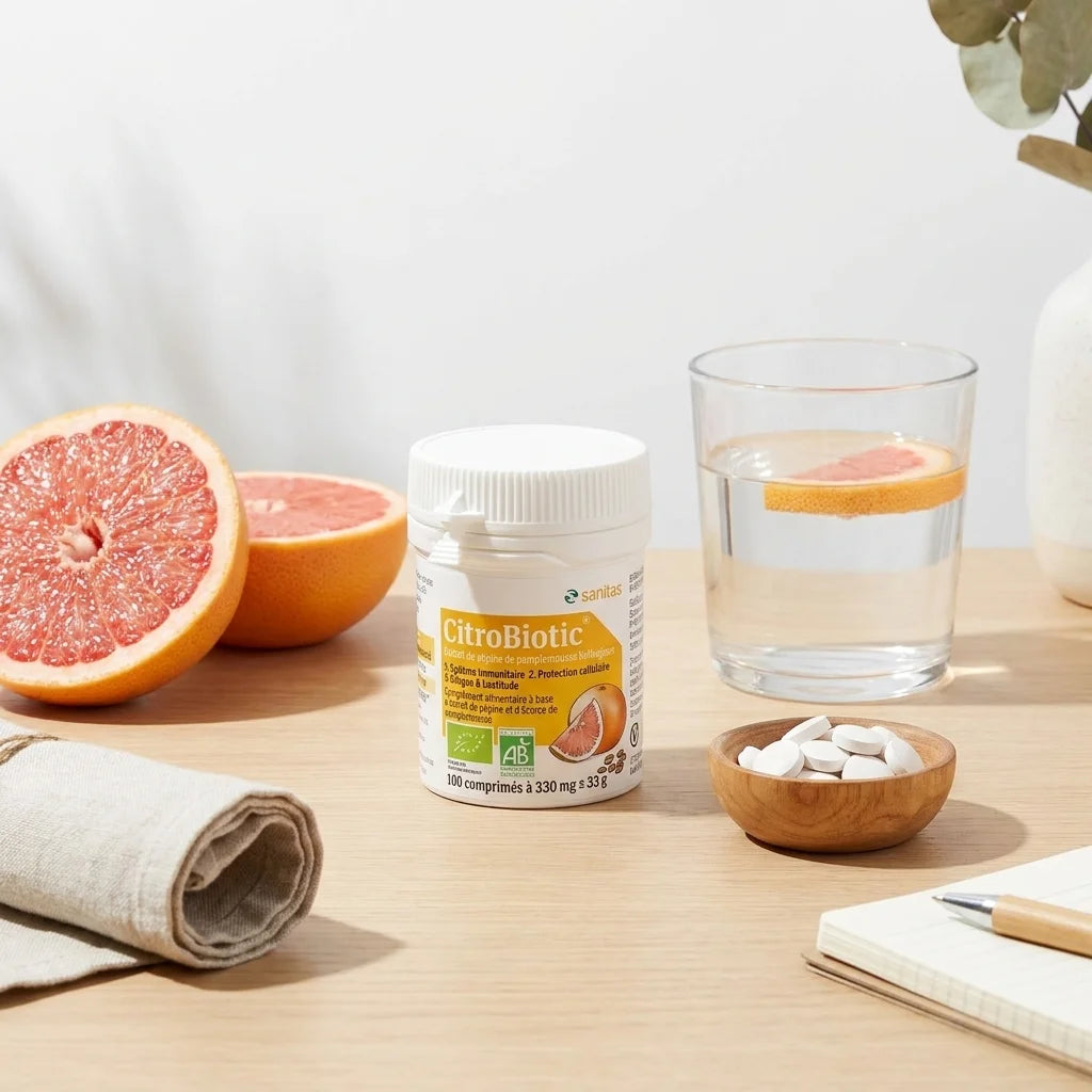 CitroBiotic comprimés bio vegan avec pamplemousse frais et verre d'eau sur plan de travail wellness