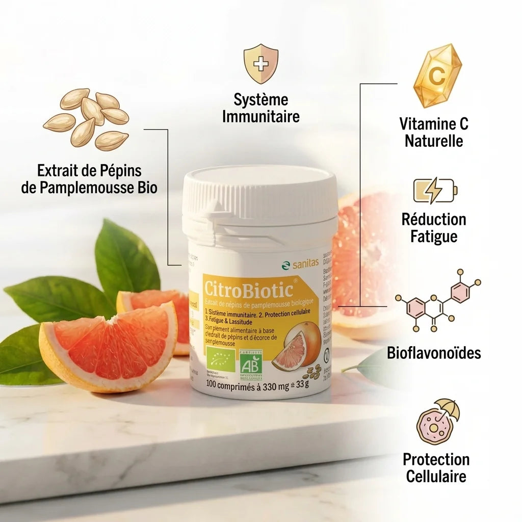 CitroBiotic bio vegan comprimés Sanitas avec pépins pamplemousse et vitamine C naturelle