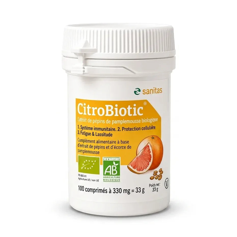 CitroBiotic bio extrait de pamplemousse en comprimés - Flacon supplément avec étiquette orange