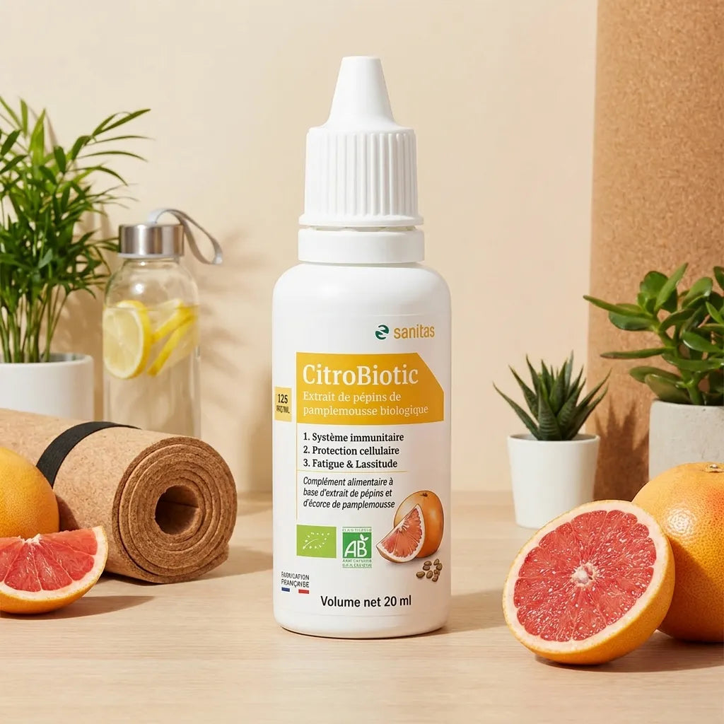 CitroBiotic liquide bio Sanitas avec pamplemousse frais et accessoires bien-être