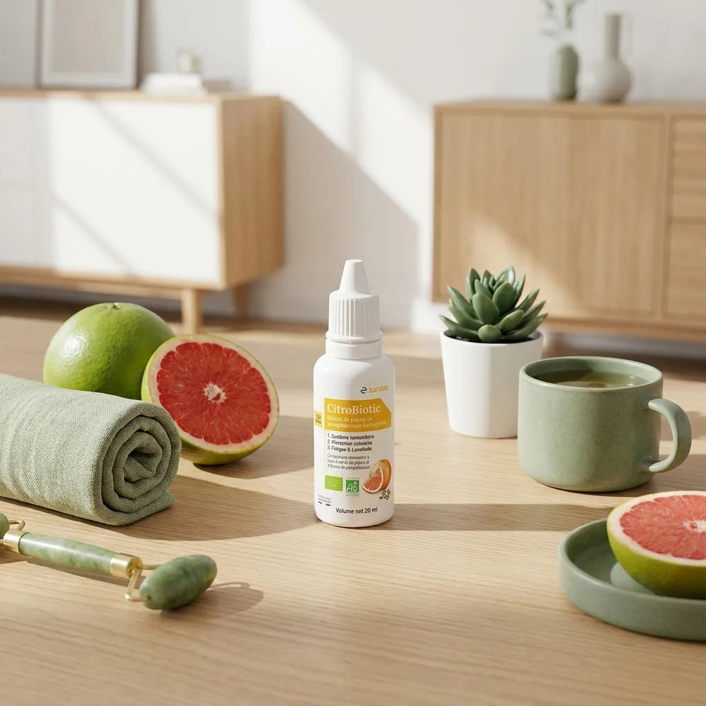 CitroBiotic liquide bio Sanitas avec pamplemousse frais sur table wellness minimaliste