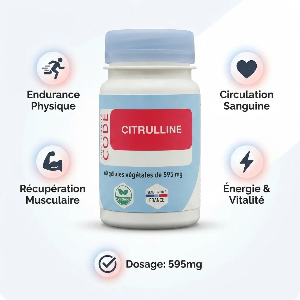 Flacon de Citrulline 595mg en gélules avec bénéfices : endurance, récupération musculaire et circulation sanguine