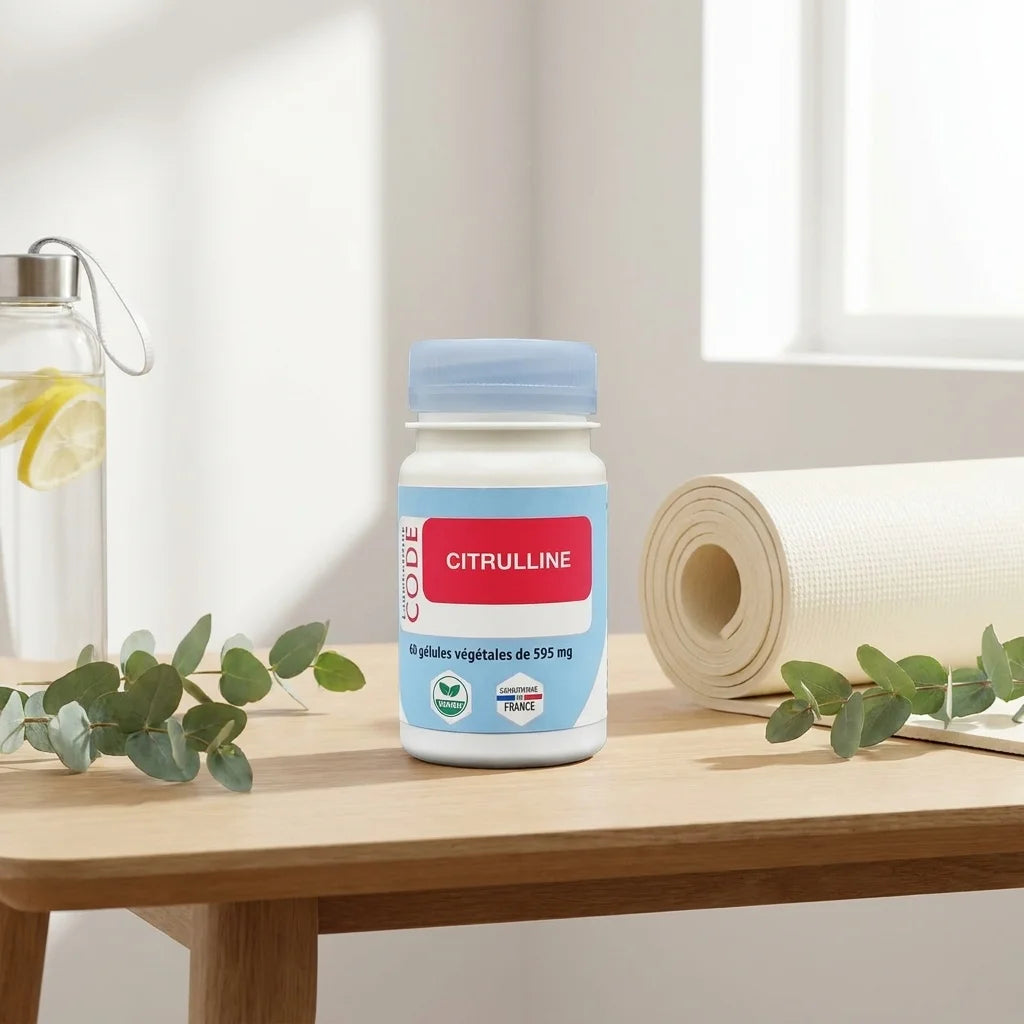 Flacon de citrulline en gélules Code Laboratoire sur espace wellness avec tapis yoga et feuilles vertes